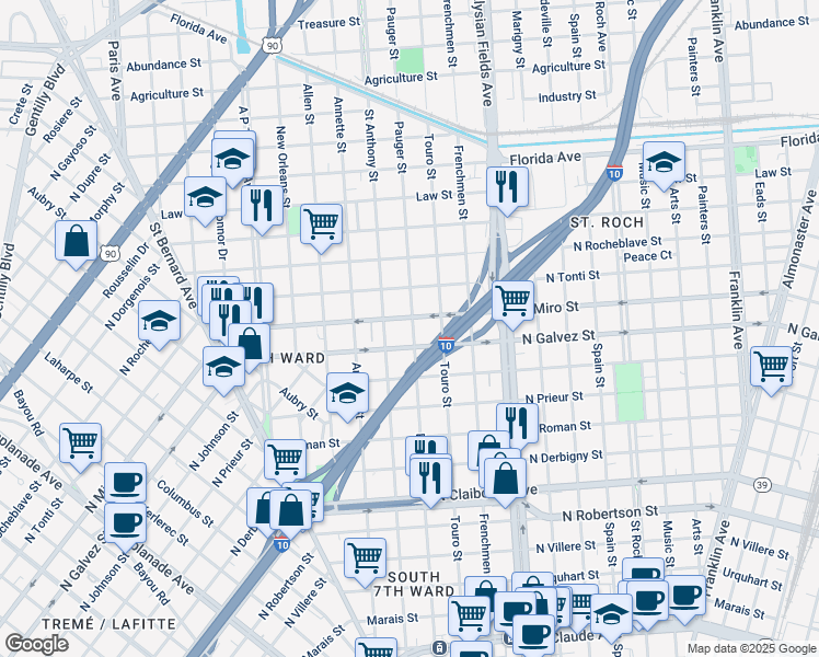 map of restaurants, bars, coffee shops, grocery stores, and more near 2824 Pauger Street in New Orleans