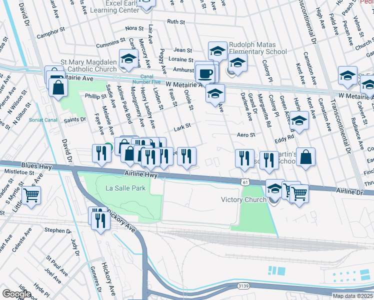 map of restaurants, bars, coffee shops, grocery stores, and more near 6200 Mitchell Avenue in Metairie