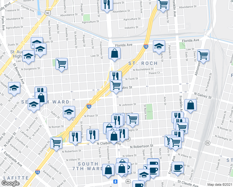 map of restaurants, bars, coffee shops, grocery stores, and more near in New Orleans