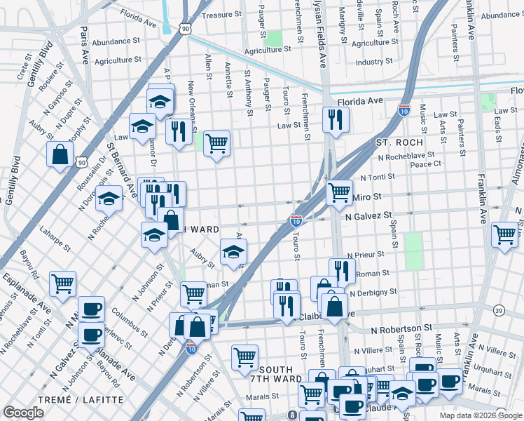 map of restaurants, bars, coffee shops, grocery stores, and more near 2822 Pauger Street in New Orleans