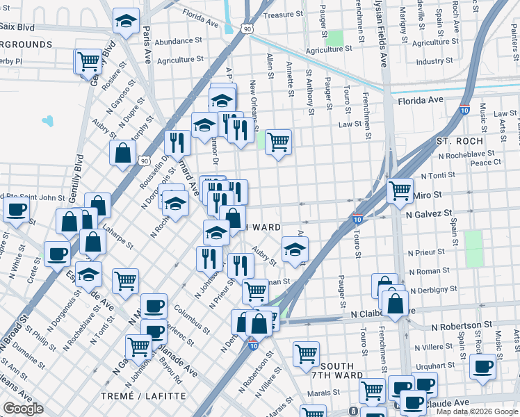 map of restaurants, bars, coffee shops, grocery stores, and more near 2138 New Orleans Street in New Orleans