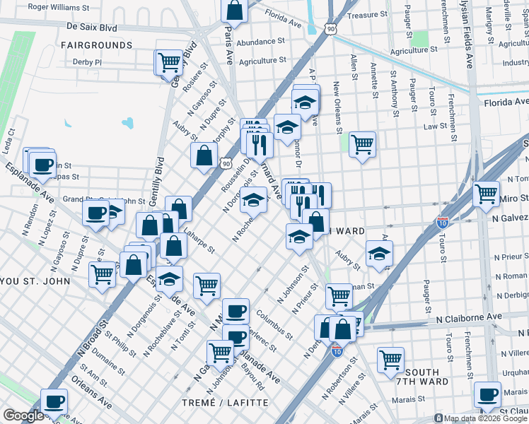 map of restaurants, bars, coffee shops, grocery stores, and more near 2315 D'Abadie Street in New Orleans