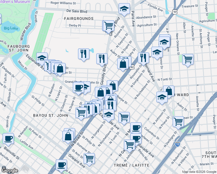map of restaurants, bars, coffee shops, grocery stores, and more near 2621 Laharpe Street in New Orleans