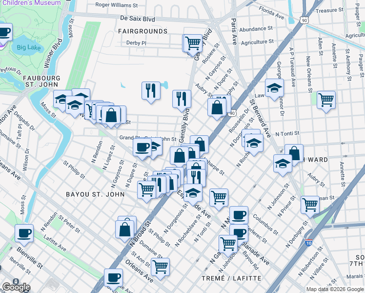 map of restaurants, bars, coffee shops, grocery stores, and more near 1515 Gentilly Boulevard in New Orleans