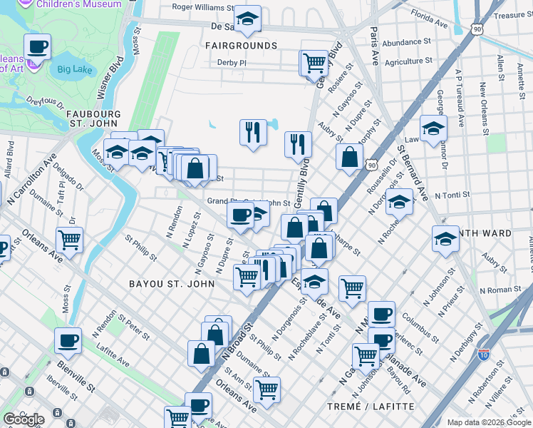 map of restaurants, bars, coffee shops, grocery stores, and more near 1464 North White Street in New Orleans