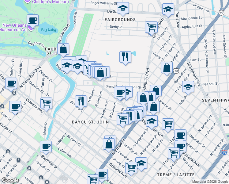 map of restaurants, bars, coffee shops, grocery stores, and more near Lepage Street in New Orleans