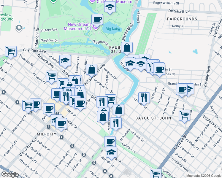 map of restaurants, bars, coffee shops, grocery stores, and more near 3715 Dumaine Street in New Orleans