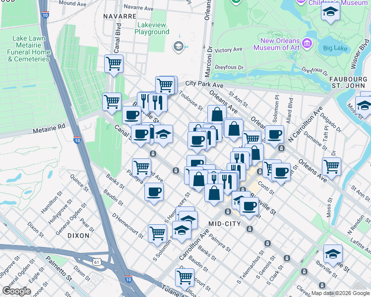map of restaurants, bars, coffee shops, grocery stores, and more near 4438 Bienville Street in New Orleans