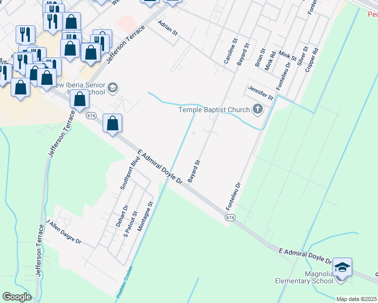 map of restaurants, bars, coffee shops, grocery stores, and more near 812 Bayard Street in New Iberia