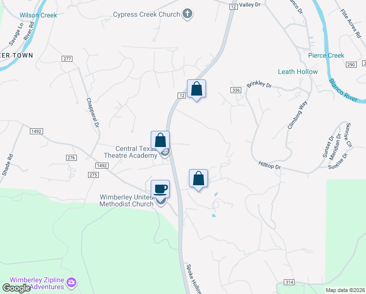 map of restaurants, bars, coffee shops, grocery stores, and more near 12322 Ranch Road 12 in Wimberley