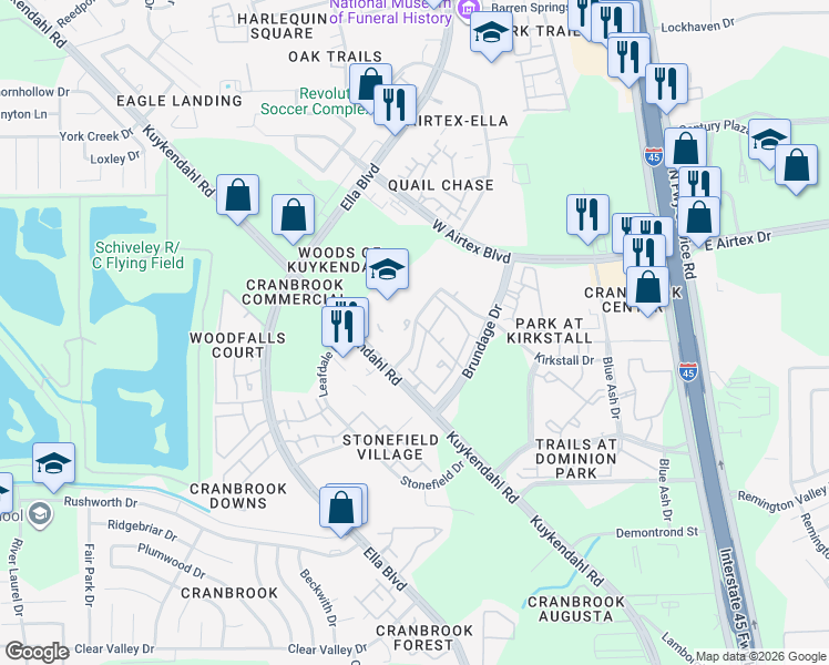 map of restaurants, bars, coffee shops, grocery stores, and more near Wittershaw Dr in Houston
