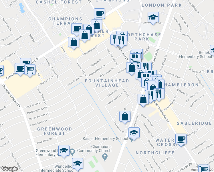 map of restaurants, bars, coffee shops, grocery stores, and more near 4734 Charade Drive in Houston
