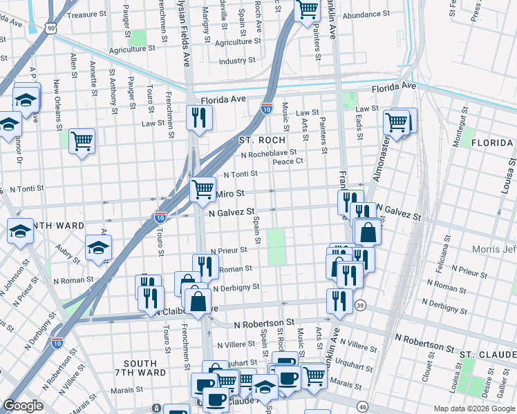 map of restaurants, bars, coffee shops, grocery stores, and more near 2103 Spain Street in New Orleans