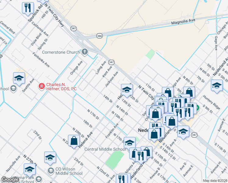 map of restaurants, bars, coffee shops, grocery stores, and more near 936 North 13th Street in Nederland