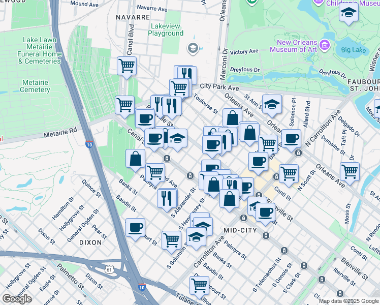 map of restaurants, bars, coffee shops, grocery stores, and more near 200 North Olympia Street in New Orleans