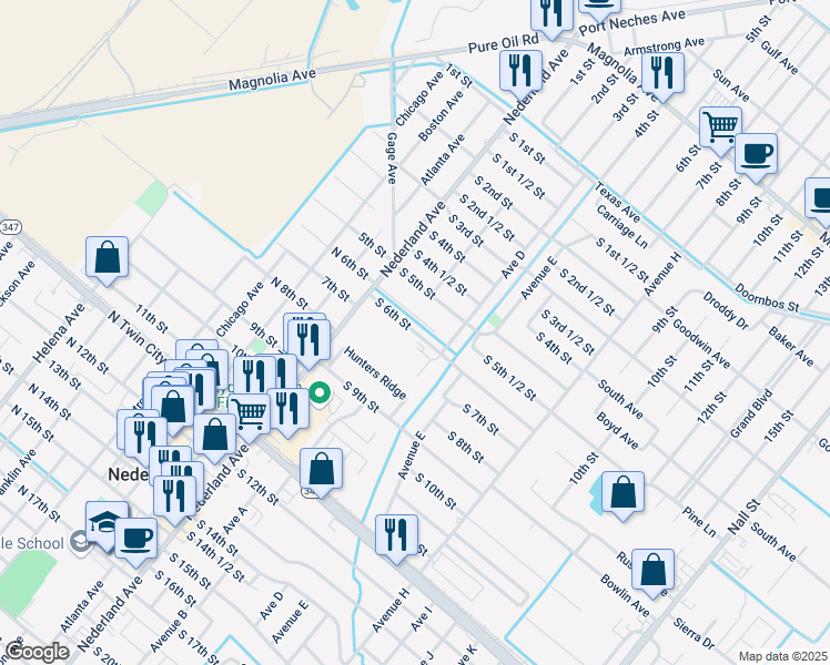 map of restaurants, bars, coffee shops, grocery stores, and more near 200 South 6th Street in Nederland
