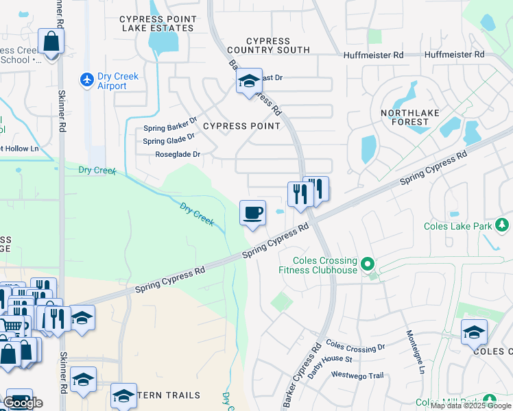 map of restaurants, bars, coffee shops, grocery stores, and more near 16306 Spring Cypress Road in Cypress