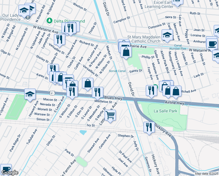 map of restaurants, bars, coffee shops, grocery stores, and more near 200 North Meadow Street in Metairie
