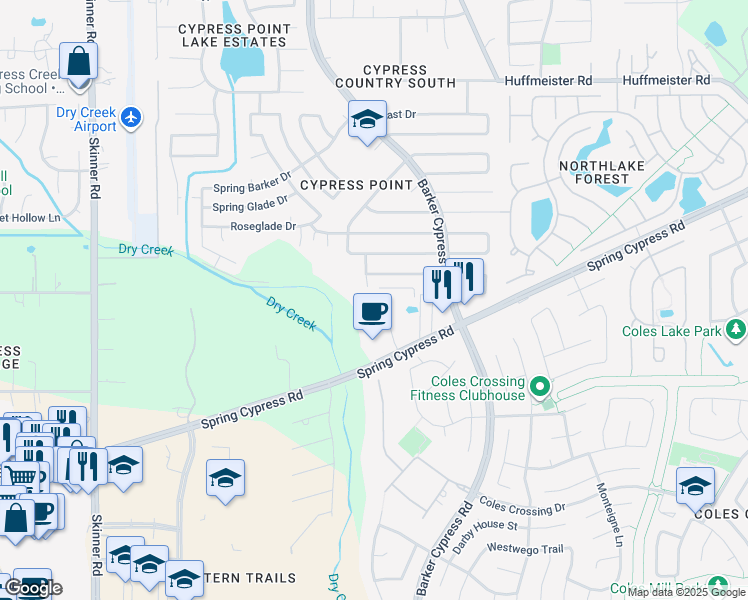 map of restaurants, bars, coffee shops, grocery stores, and more near 16306 Spring Cypress Road in Harris County