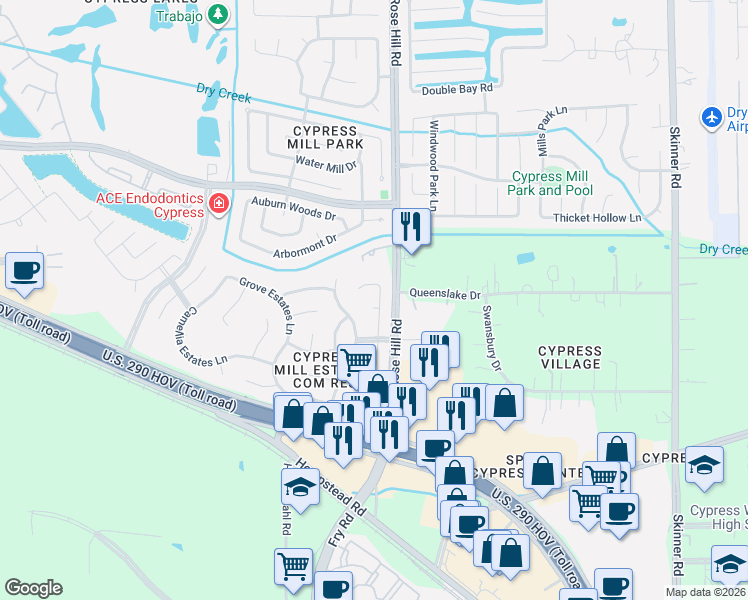map of restaurants, bars, coffee shops, grocery stores, and more near 18002 Trellis Estates Court in Cypress