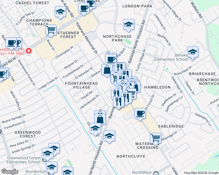 map of restaurants, bars, coffee shops, grocery stores, and more near 13949 Bammel North Houston Road in Houston