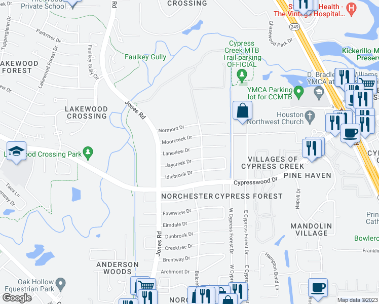 map of restaurants, bars, coffee shops, grocery stores, and more near 10703 Laneview Drive in Houston