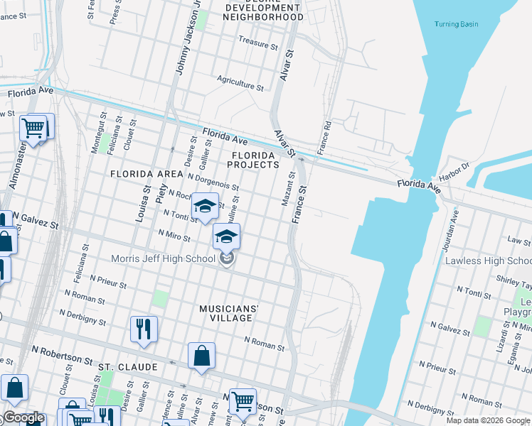 map of restaurants, bars, coffee shops, grocery stores, and more near 2344 Bartholomew Street in New Orleans