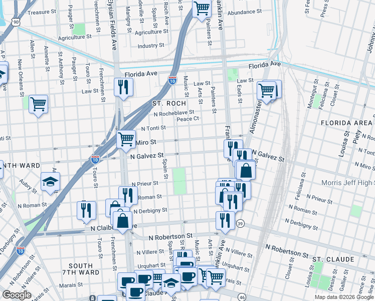 map of restaurants, bars, coffee shops, grocery stores, and more near 2410 North Galvez Street in New Orleans