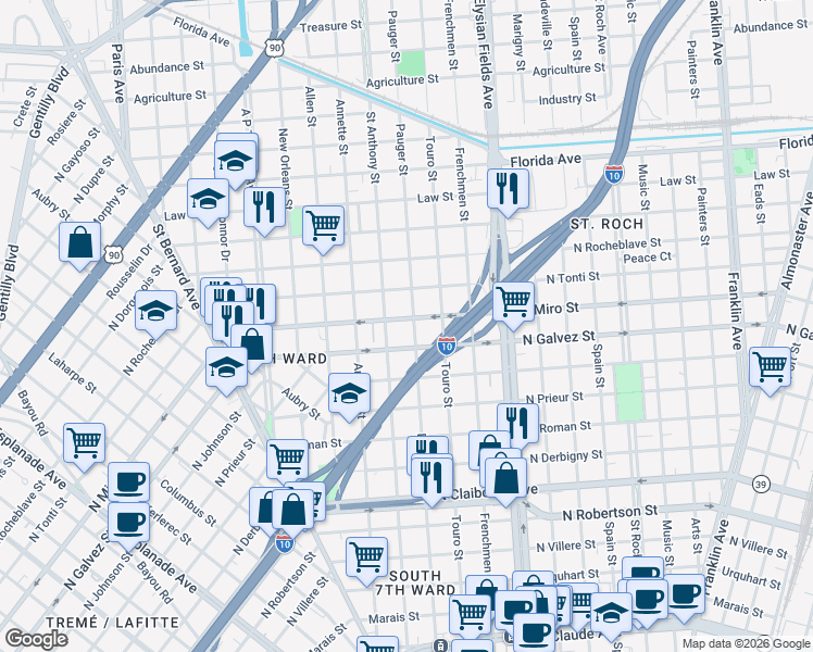 map of restaurants, bars, coffee shops, grocery stores, and more near 2822 Pauger Street in New Orleans