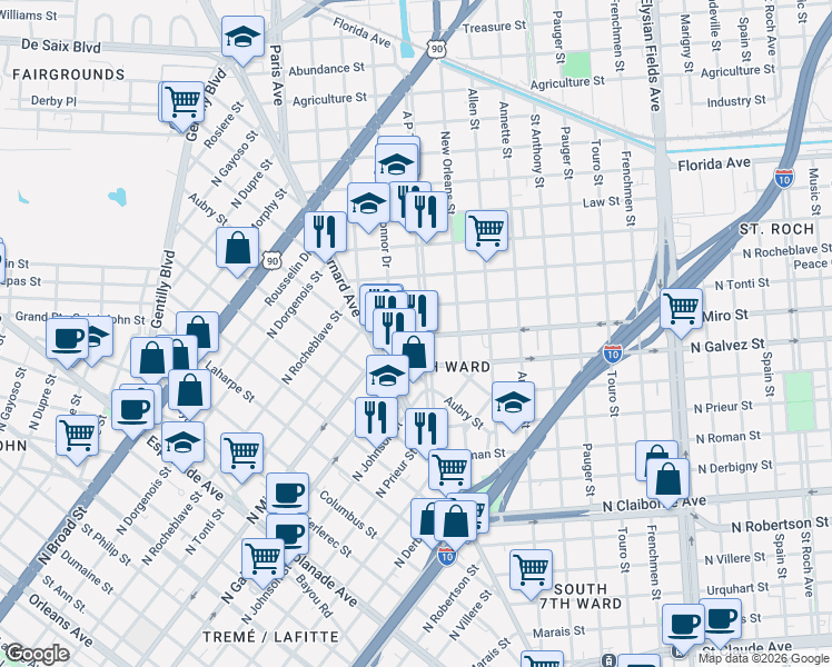 map of restaurants, bars, coffee shops, grocery stores, and more near 1772 North Miro Street in New Orleans