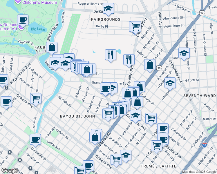 map of restaurants, bars, coffee shops, grocery stores, and more near in New Orleans