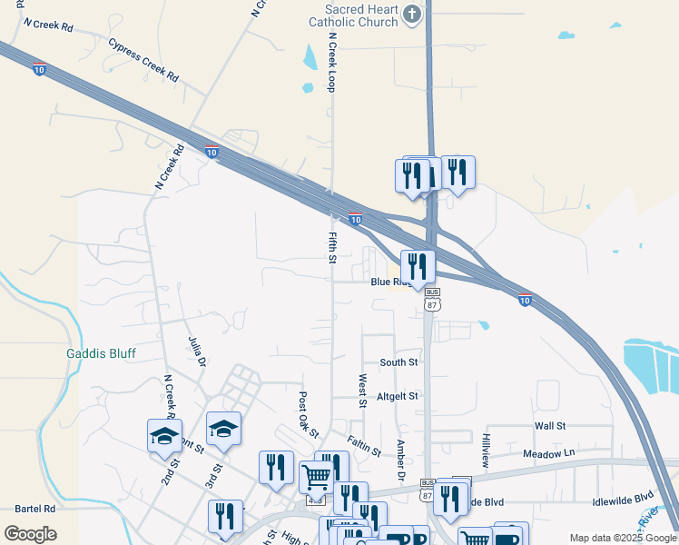 map of restaurants, bars, coffee shops, grocery stores, and more near 1140 5th Street in Comfort