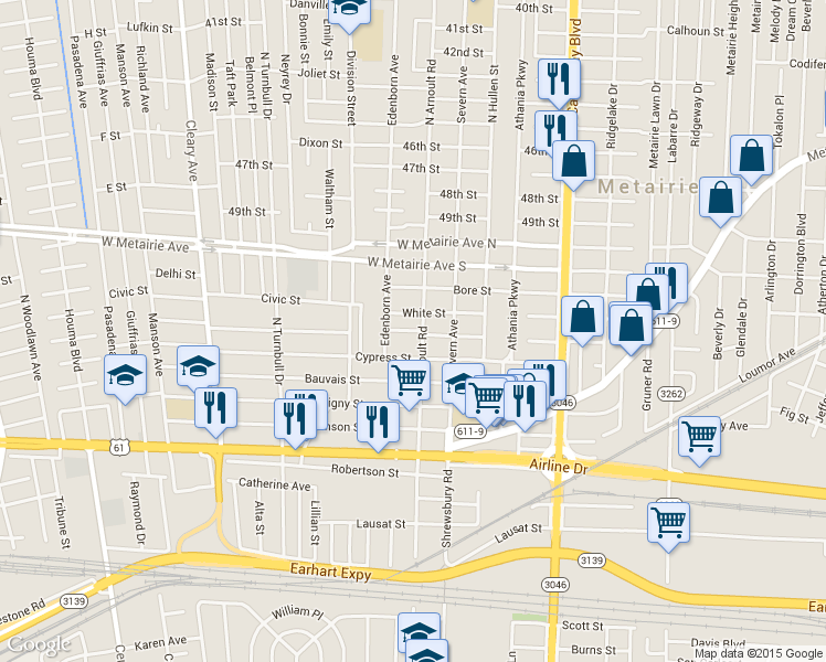map of restaurants, bars, coffee shops, grocery stores, and more near 3624 Roman Street in Metairie