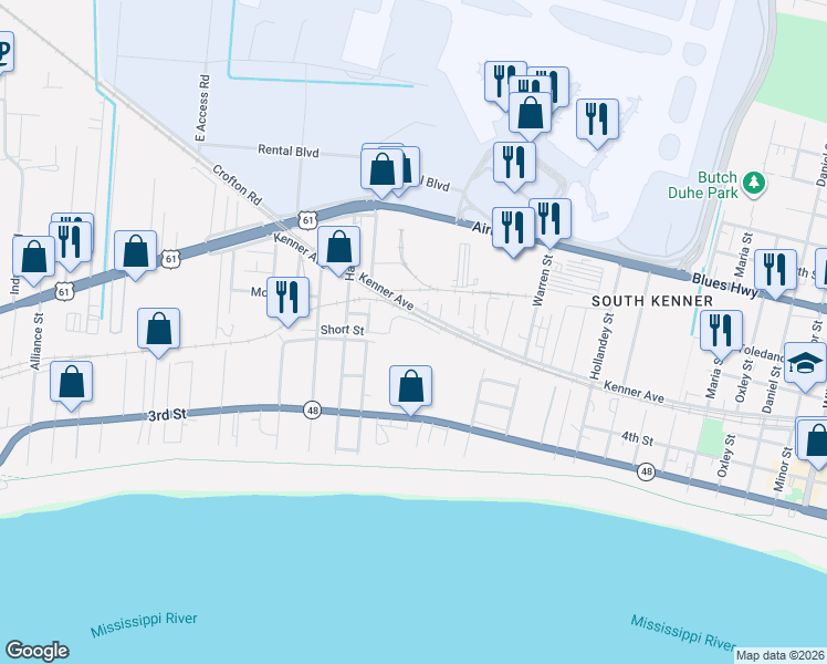map of restaurants, bars, coffee shops, grocery stores, and more near 800 Short St in Kenner