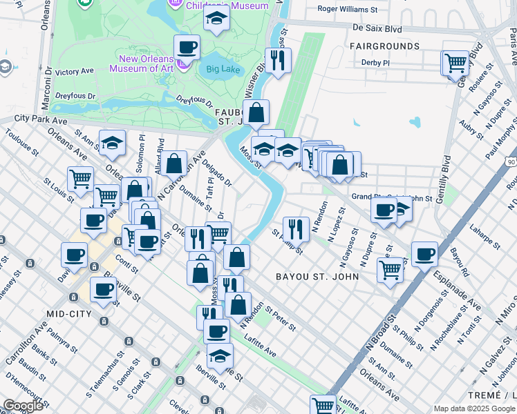 map of restaurants, bars, coffee shops, grocery stores, and more near 1035 Moss Street in New Orleans