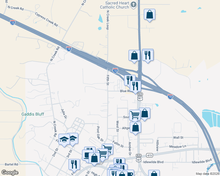 map of restaurants, bars, coffee shops, grocery stores, and more near 1140 5th Street in Comfort