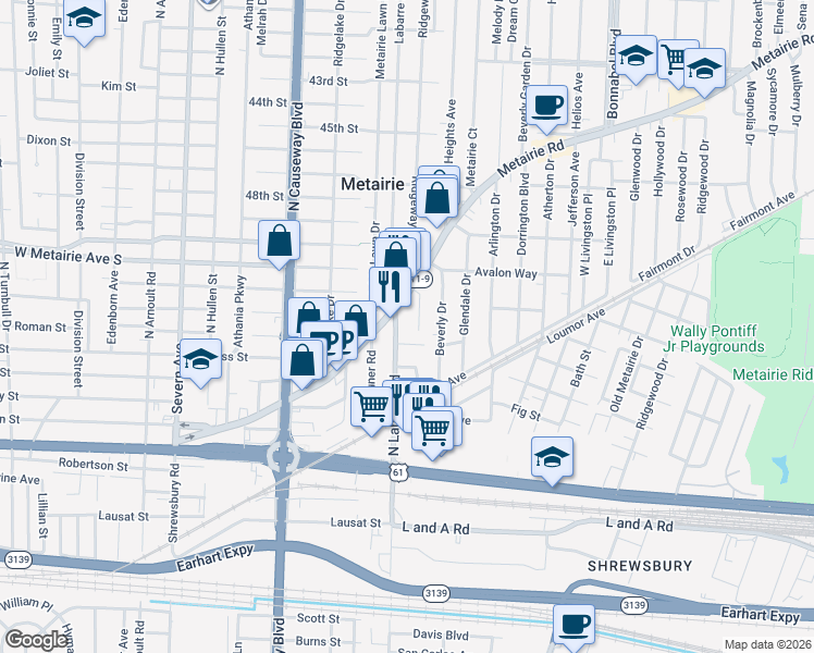 map of restaurants, bars, coffee shops, grocery stores, and more near 2621 Labarre Lane in Metairie