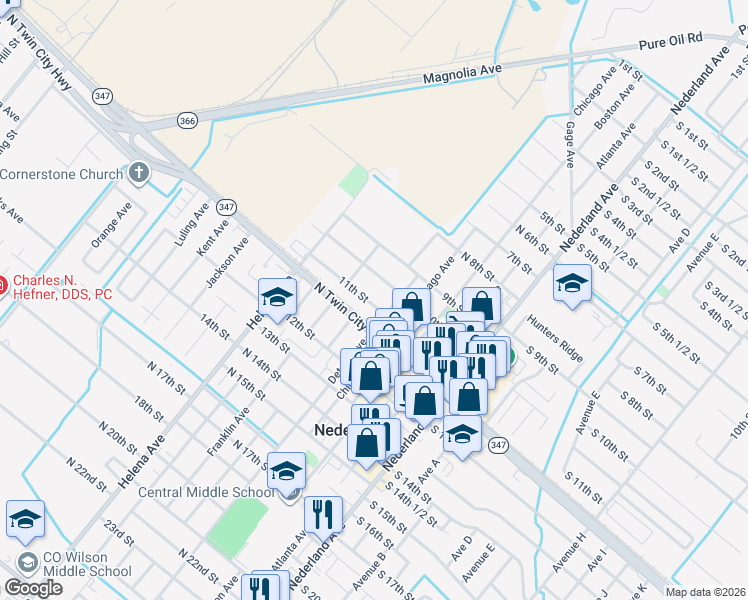 map of restaurants, bars, coffee shops, grocery stores, and more near 520 11th Street in Nederland