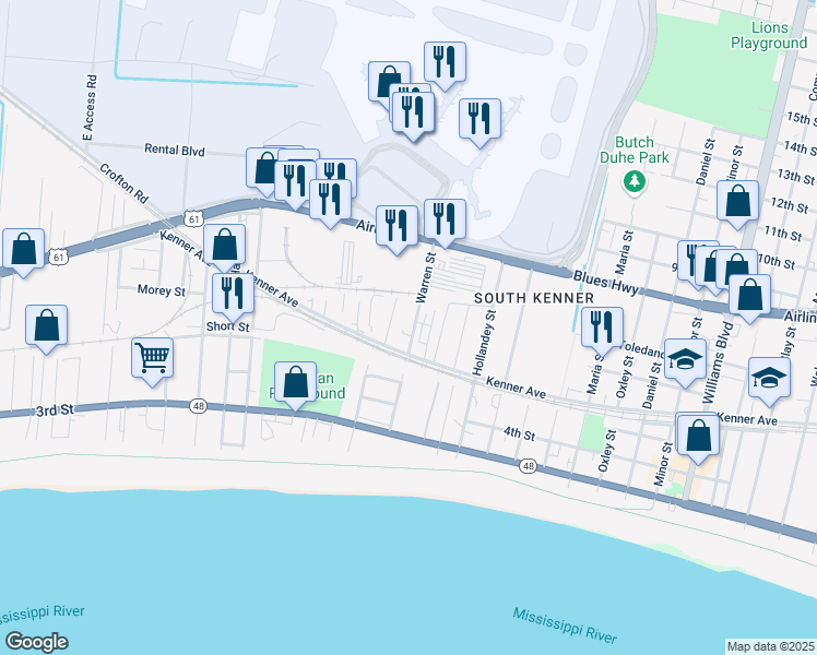map of restaurants, bars, coffee shops, grocery stores, and more near 930 Kenner Avenue in Kenner