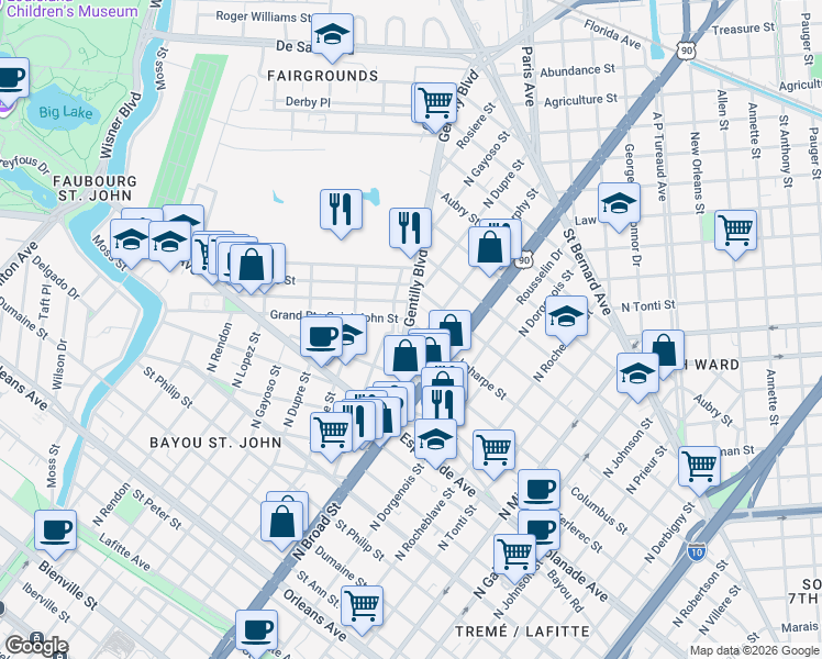 map of restaurants, bars, coffee shops, grocery stores, and more near 1515 Gentilly Boulevard in New Orleans