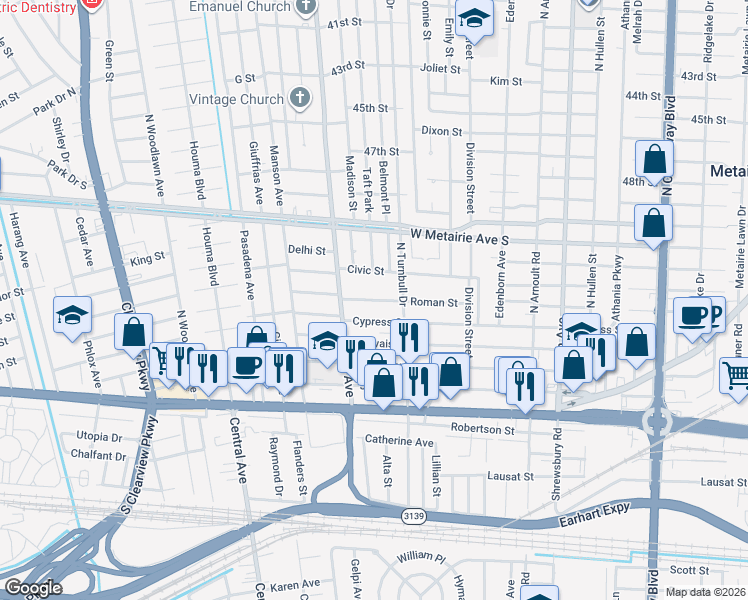 map of restaurants, bars, coffee shops, grocery stores, and more near 3826 Roman Street in Metairie