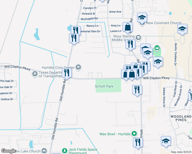 map of restaurants, bars, coffee shops, grocery stores, and more near 8455 Will Clayton Parkway in Humble