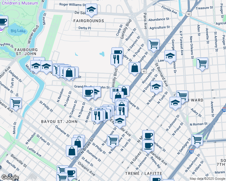 map of restaurants, bars, coffee shops, grocery stores, and more near 1540 Gentilly Boulevard in New Orleans