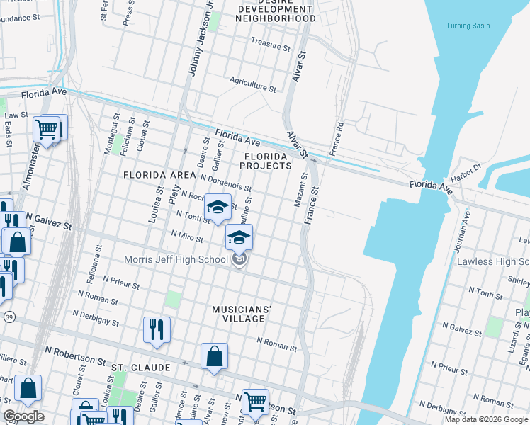 map of restaurants, bars, coffee shops, grocery stores, and more near 2344 Bartholomew Street in New Orleans