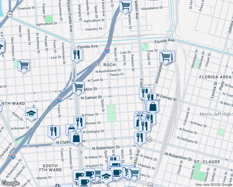 map of restaurants, bars, coffee shops, grocery stores, and more near 2410 North Galvez Street in New Orleans