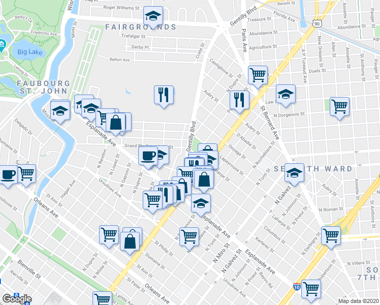 map of restaurants, bars, coffee shops, grocery stores, and more near 1515 Gentilly Boulevard in New Orleans