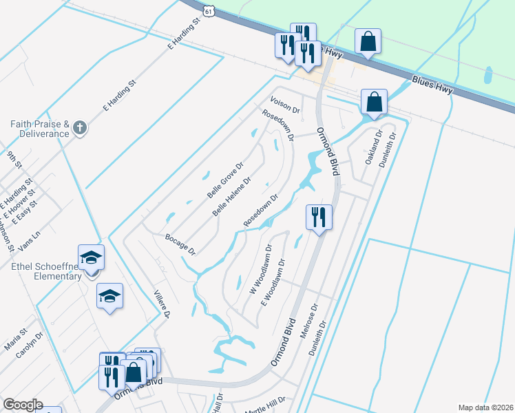 map of restaurants, bars, coffee shops, grocery stores, and more near 46 Rosedown Drive in Destrehan