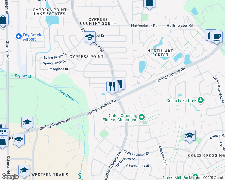 map of restaurants, bars, coffee shops, grocery stores, and more near 14215 Barker Cypress Road in Cypress