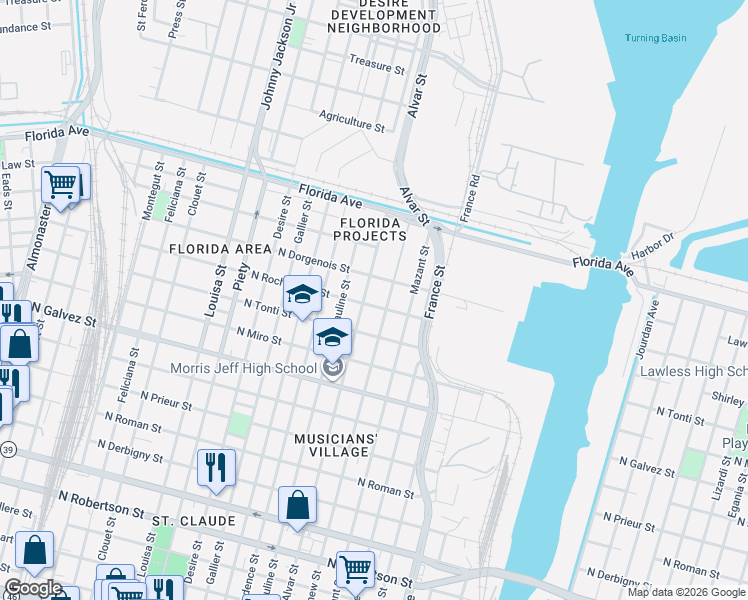 map of restaurants, bars, coffee shops, grocery stores, and more near 2344 Bartholomew Street in New Orleans
