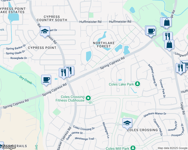 map of restaurants, bars, coffee shops, grocery stores, and more near 16342 Granite Park Court in Cypress